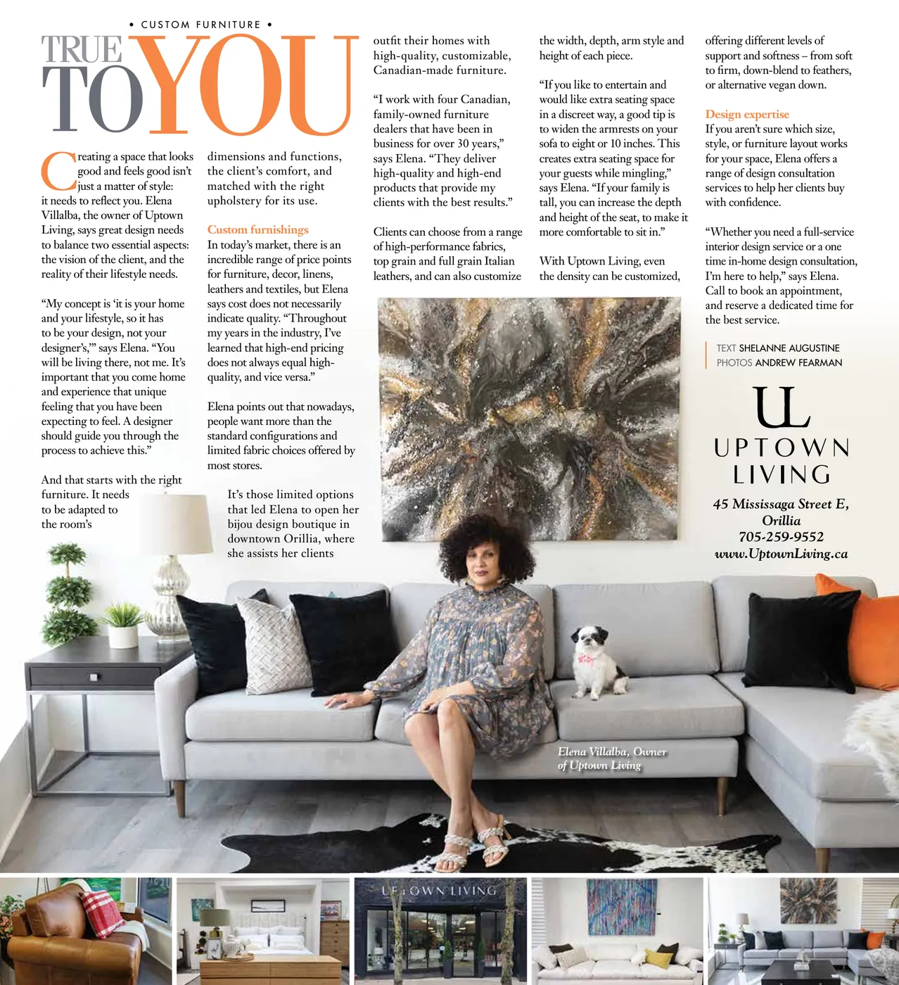 Magazine spread titled True to You, featuring Elena in the showroom