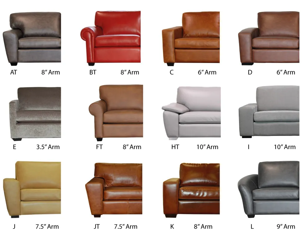 Twelve arm styles shown on leather chairs, from track arms to rolled arms