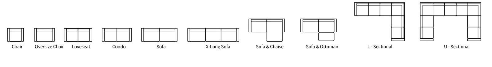 Line drawings of Classic Living configurations: chairs, loveseats, sofas and sectionals