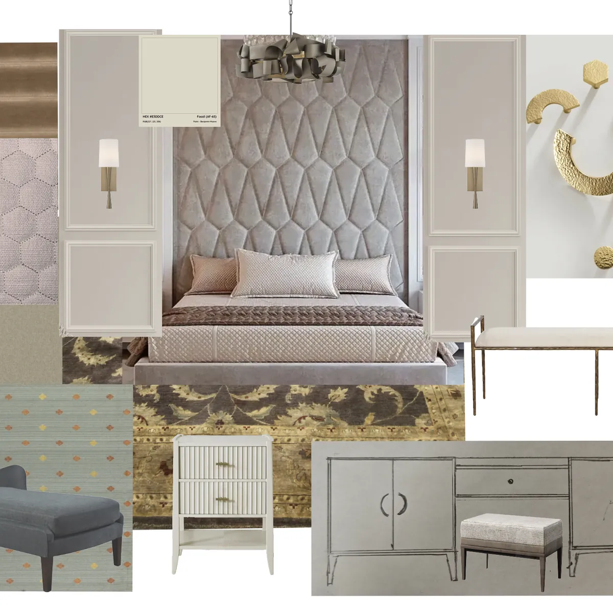 A bedroom moodboard by Elena: a tufted headboard wall, brass hardware, a wingback chaise, a nightstand and fabric swatches